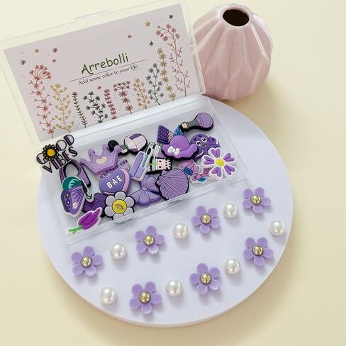 Cute Flower Shoe Charms for Girls, 34Pcs Pink Hippie PVC Shoe Decoration Charms for Clog Sandals, DIY Pearl Accessories for Party Favor in Saudi Arabia