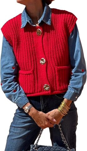 Women's Casual Knit Vest Sleeveless Cropped Sweater Vest Crochet V Neck Cardigan Top with Pockets Sweaters Vest in Saudi Arabia