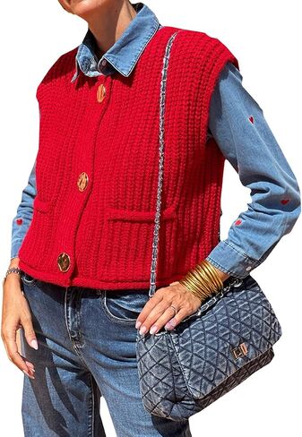 Women's Casual Knit Vest Sleeveless Cropped Sweater Vest Crochet V Neck Cardigan Top with Pockets Sweaters Vest in Saudi Arabia