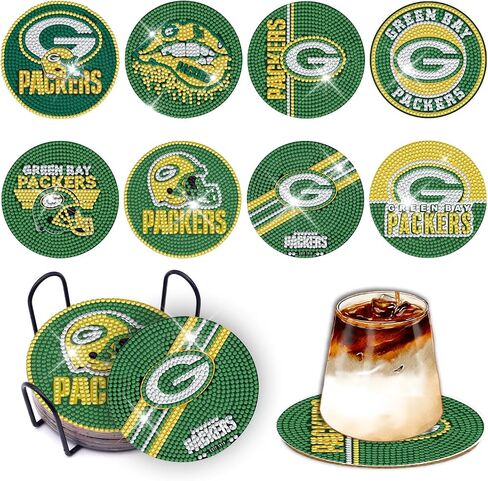 YOKUSHI 8 PCS Football Diamond Art Painting Coasters Kit for Adults Kids Supplies, Rugby Craft DIY Coaster Kits with Holder Cork Base (Red) in Saudi Arabia