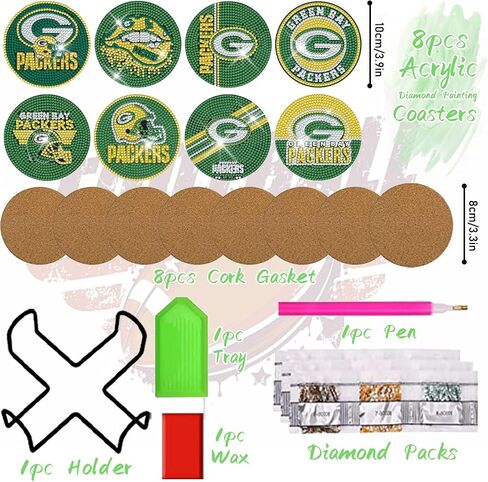 YOKUSHI 8 PCS Football Diamond Art Painting Coasters Kit for Adults Kids Supplies, Rugby Craft DIY Coaster Kits with Holder Cork Base (Red) in Saudi Arabia