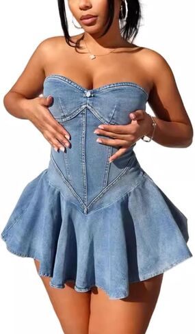 Molisry Women's Summer Tube Top Denim Dress Off Shoulder Sleeveless Sexy Cute Ruffle Pleated Jean Mini Dress Clubwear in Kuwait
