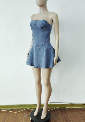 Molisry Women's Summer Tube Top Denim Dress Off Shoulder Sleeveless Sexy Cute Ruffle Pleated Jean Mini Dress Clubwear in Kuwait