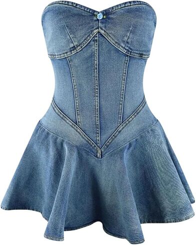 Molisry Women's Summer Tube Top Denim Dress Off Shoulder Sleeveless Sexy Cute Ruffle Pleated Jean Mini Dress Clubwear in Kuwait