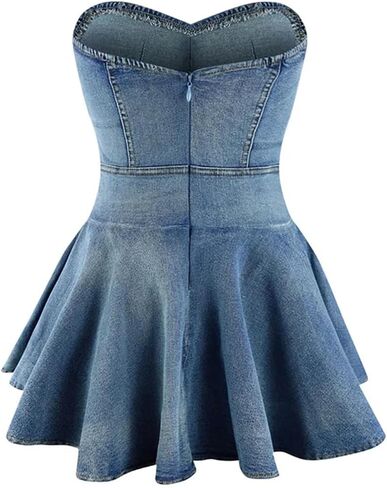 Molisry Women's Summer Tube Top Denim Dress Off Shoulder Sleeveless Sexy Cute Ruffle Pleated Jean Mini Dress Clubwear in Kuwait