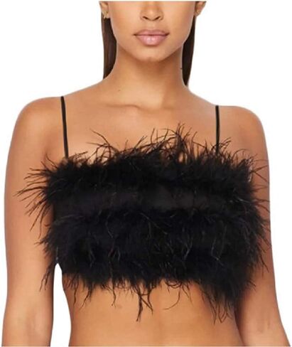 Women's Sexy Rave Festival Feather Crop Tops Faux Fur Spaghetti Straps Tube Top Camisole for Party Festival Club in Saudi Arabia