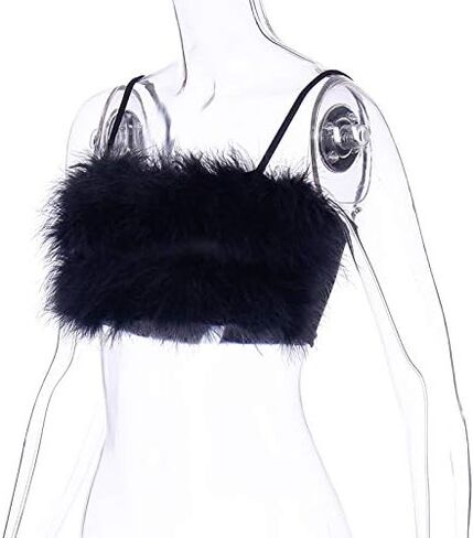 Women's Sexy Rave Festival Feather Crop Tops Faux Fur Spaghetti Straps Tube Top Camisole for Party Festival Club in Saudi Arabia