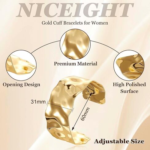 18K Gold-Plated Cuff Bracelet for Women Irregular Adjustable Open Bangle Cuff Bracelets Chunky Wide Multi-Layer Hammered Cuff Bracelet in Kuwait
