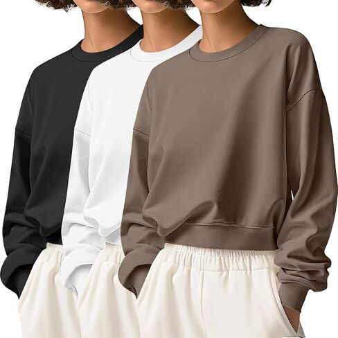 Ficerd 3 Pack Women's Cropped Sweatshirts Long Sleeve Cotton Crew Neck Pullover Tops Casual Solid Sweat Shirts in Kuwait