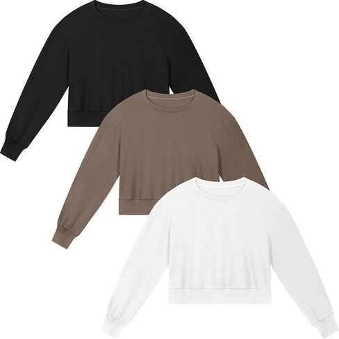 Ficerd 3 Pack Women's Cropped Sweatshirts Long Sleeve Cotton Crew Neck Pullover Tops Casual Solid Sweat Shirts in Kuwait