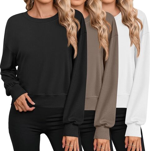 Ficerd 3 Pack Women's Cropped Sweatshirts Long Sleeve Cotton Crew Neck Pullover Tops Casual Solid Sweat Shirts in Kuwait