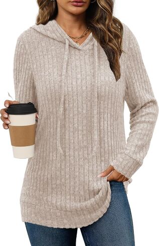 Lylinan Womens Soft Ribbed Knit Hoodie Sweaters Long Sleeve Pullover Shirts Lightweight Cozy Fall Tops in Saudi Arabia
