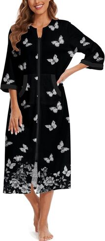 Zipper Robes for Women 3/4 Sleeve Housecoats Long Lightweight Bathrobe House Dress with Pockets in Saudi Arabia