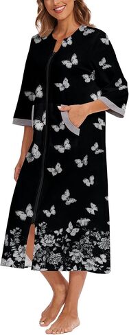 Zipper Robes for Women 3/4 Sleeve Housecoats Long Lightweight Bathrobe House Dress with Pockets in Saudi Arabia