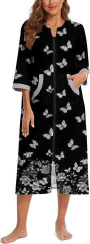 Zipper Robes for Women 3/4 Sleeve Housecoats Long Lightweight Bathrobe House Dress with Pockets in Saudi Arabia