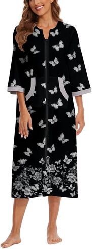 Zipper Robes for Women 3/4 Sleeve Housecoats Long Lightweight Bathrobe House Dress with Pockets in Saudi Arabia
