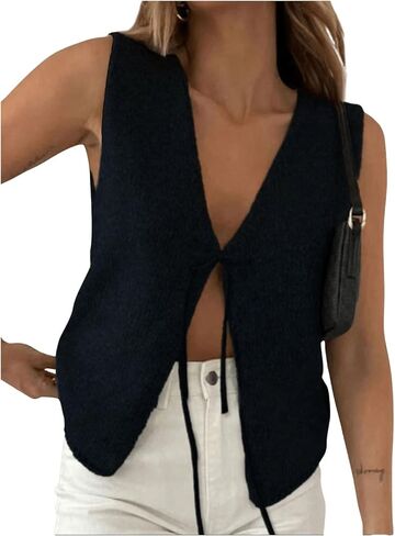 GORGLITTER Women's Tie Front Cut Out Knit Sweater Vest Sleeveless Deep V Neck Cardigan in Saudi Arabia