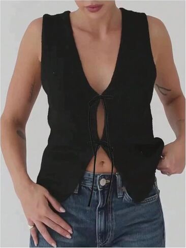 GORGLITTER Women's Tie Front Cut Out Knit Sweater Vest Sleeveless Deep V Neck Cardigan in Saudi Arabia