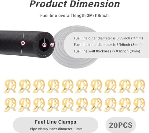 5/16 inch Fuel Line Hose Upgrade 300PSI with 20PCS Fuel Line Clamps,Multipurpose 10Ft Fuel Lines for Transporting Fuel/Diesel/E85,Universal Fuel Line Kit for Car SUV Truck in Kuwait