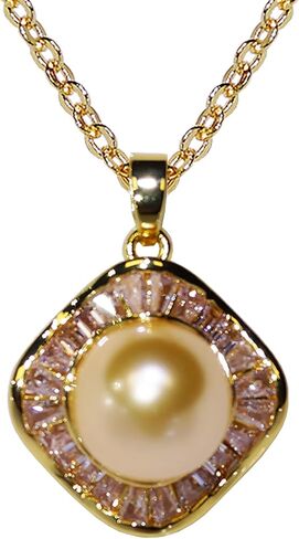 10mm Japanese akoya Pearl Pendant Necklace with Diamonds for Women - 10mm Tahitian Pearl Necklace with Diamonds Single Pearl Necklace for Women with 925 Sterling Silver Chain in Saudi Arabia