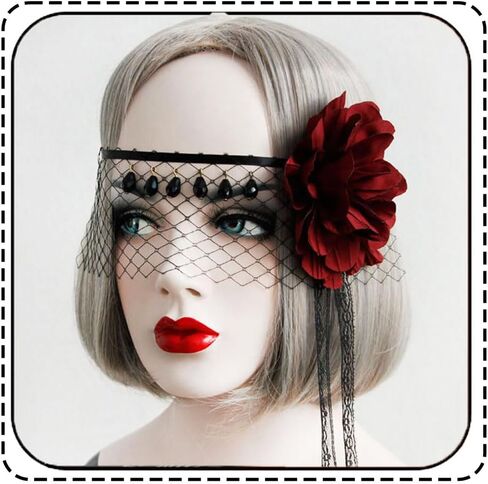 GORTIN القوطية خوذة الهالوين الأسود الدانتيل الوجه الحجاب روز عقال حفلة تنكرية تأثيري شبكة قناع نصف الوجه الحجاب الشعر التبعي للنساء in Kuwait