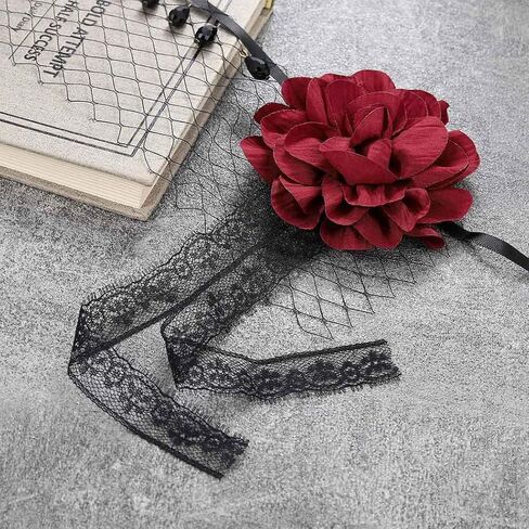 GORTIN القوطية خوذة الهالوين الأسود الدانتيل الوجه الحجاب روز عقال حفلة تنكرية تأثيري شبكة قناع نصف الوجه الحجاب الشعر التبعي للنساء in Kuwait