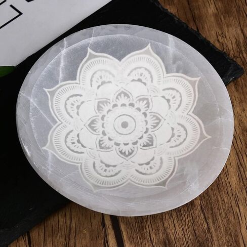 JIC Gem Etched Selenite Bowl Moroccan Selenite Healing Crystal Charging Plate Round Engraved Mandala 4 Inch in Saudi Arabia