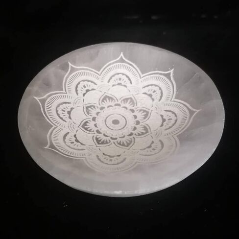 JIC Gem Etched Selenite Bowl Moroccan Selenite Healing Crystal Charging Plate Round Engraved Mandala 4 Inch in Saudi Arabia