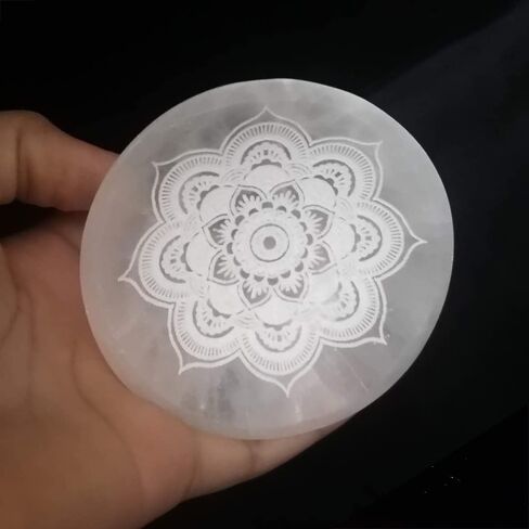 JIC Gem Etched Selenite Bowl Moroccan Selenite Healing Crystal Charging Plate Round Engraved Mandala 4 Inch in Saudi Arabia