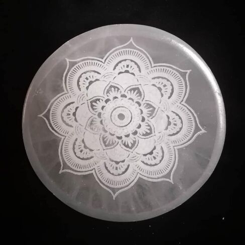 JIC Gem Etched Selenite Bowl Moroccan Selenite Healing Crystal Charging Plate Round Engraved Mandala 4 Inch in Saudi Arabia