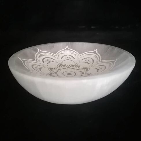 JIC Gem Etched Selenite Bowl Moroccan Selenite Healing Crystal Charging Plate Round Engraved Mandala 4 Inch in Saudi Arabia