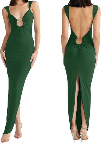 Women Sexy Backless Dress V Neck Sleeveless Open Back Split Maxi Dress Party Cocktail Bodycon Long Dress in Kuwait