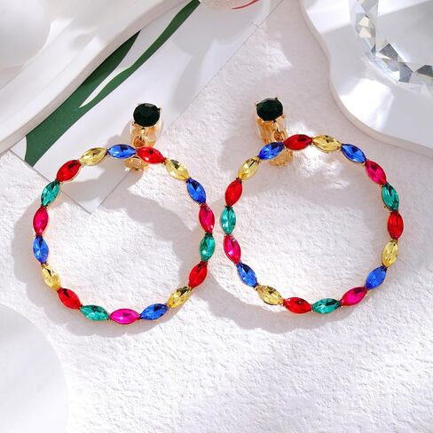 Rhinestone Big Hoop Clip on Dangle Earrings for Women Clip on earrings for Women Non Pierced Gold Plated Everyday Jewelry Earrings in Saudi Arabia