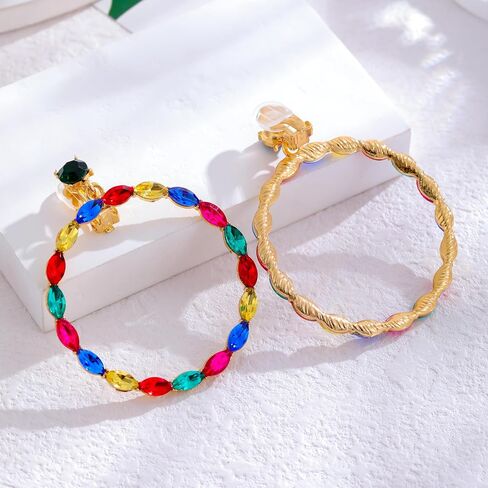 Rhinestone Big Hoop Clip on Dangle Earrings for Women Clip on earrings for Women Non Pierced Gold Plated Everyday Jewelry Earrings in Saudi Arabia