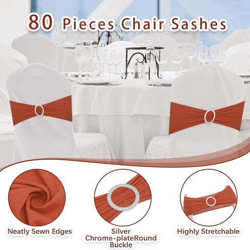 Tegeme 80 Pieces Chair Sashes Chair Bows Stretch Chair Sashes Spandex Chair Cover Band with Buckle for Wedding Hotel Banquet Birthday Party Home Decorations(Terracotta) in Kuwait