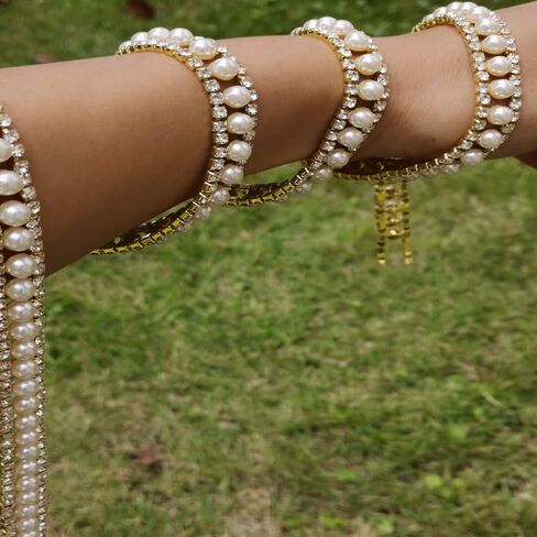 Pawkyjar 1 Yard Pearl Rhinestone Chain, Crystal Rhinestones Pearl Chain Trim for Crafts Wedding Dress Decoration (Gold) in Saudi Arabia