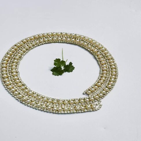 Pawkyjar 1 Yard Pearl Rhinestone Chain, Crystal Rhinestones Pearl Chain Trim for Crafts Wedding Dress Decoration (Gold) in Saudi Arabia