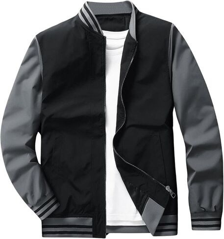 MakeMeChic Men's Striped Trim Sports Jacket Color Block Long Sleeve Baseball Collar Zip Up Coat Outerwear in Saudi Arabia