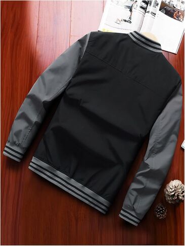 MakeMeChic Men's Striped Trim Sports Jacket Color Block Long Sleeve Baseball Collar Zip Up Coat Outerwear in Saudi Arabia