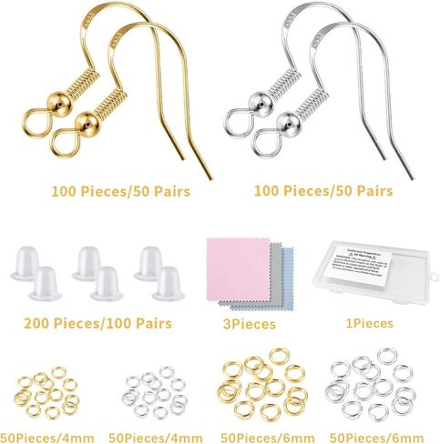 925 Sterling Silver Earring Hooks 200 PCS, Gold Earring Hooks for Jewelry Making, Hypoallergenic Fish Hook Earrings Making Kit, DIY Earring, with 200PCS Earring Backs and 200PCS Jump Rings in Saudi Arabia