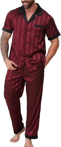 DEARCASE Mens Pajamas Set Satin Silk For Men Sexy Nightwear Sleepwear Long Pants Button Down Pajama 2 Piece in Saudi Arabia