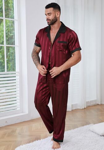 DEARCASE Mens Pajamas Set Satin Silk For Men Sexy Nightwear Sleepwear Long Pants Button Down Pajama 2 Piece in Saudi Arabia