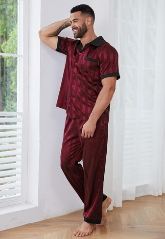 DEARCASE Mens Pajamas Set Satin Silk For Men Sexy Nightwear Sleepwear Long Pants Button Down Pajama 2 Piece in Saudi Arabia