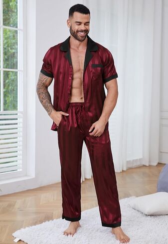 DEARCASE Mens Pajamas Set Satin Silk For Men Sexy Nightwear Sleepwear Long Pants Button Down Pajama 2 Piece in Saudi Arabia