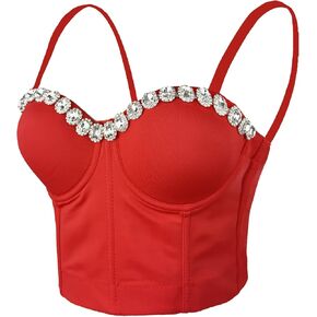 ELLACCI Women Red Smooth Rhinestone Push up Bustier Crop Top with Detachable Straps