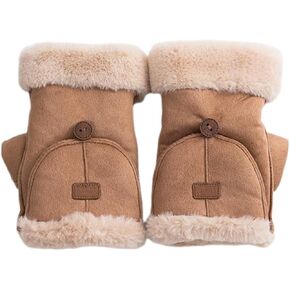 UNICOLD Winter Fingerless Gloves Thermal Insulation Warm Convertible Mittens Flap Half Finger Cover for Women (Khaki)