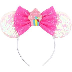 YOWOCAL Sequin Birthday Mouse Ears Headband,Shiny Bows Hair Hoops Hair Accessories for Women Girls Birthday Party Decor