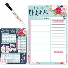 Hadley Designs Weekly Meal Planner Dry Erase Board for Refrigerator, Floral Magnetic Weekly Menu Board for Kitchen Conversion Chart, Meal Planner for Refrigerator, Magnetic Menu Board for Fridge
