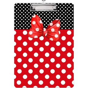 Plastic Clipboard A4 Letter Size Clipboard with Retractable Hanging Hole for Nurses/Students/Office and Women,Decorative Pattern (Black Red Polka Dot Cute Bow Tie）