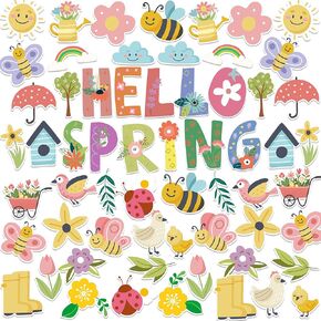 JuGeoZhi 61pcs Spring Bulletin Board Decorations - Hello Spring Classroom Cutouts - Multicolor Floral & Fauna - Cardboard Wall Decor Set with Glue Points